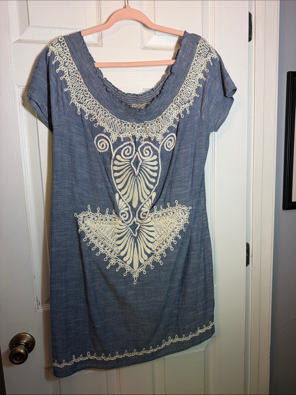 Embroidered Scoop-Neck Tunic in Denim Blue with Cream Detail